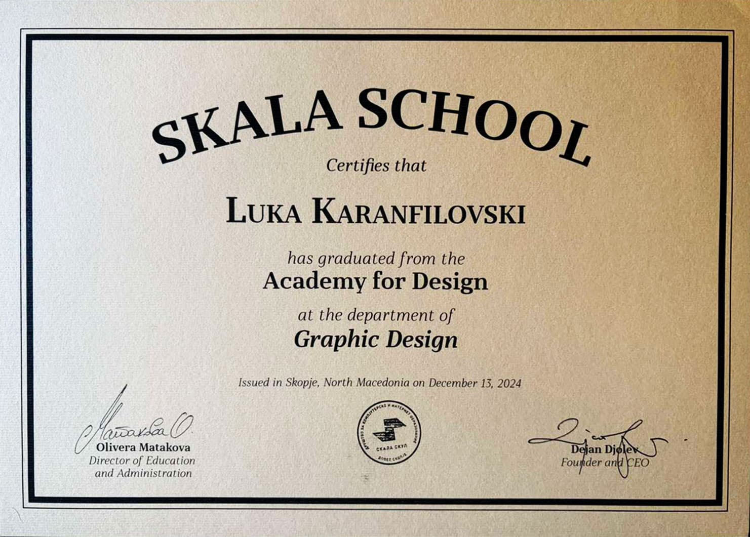 Skala School diploma awarded to Luka Karanfilovski for Graphic Design